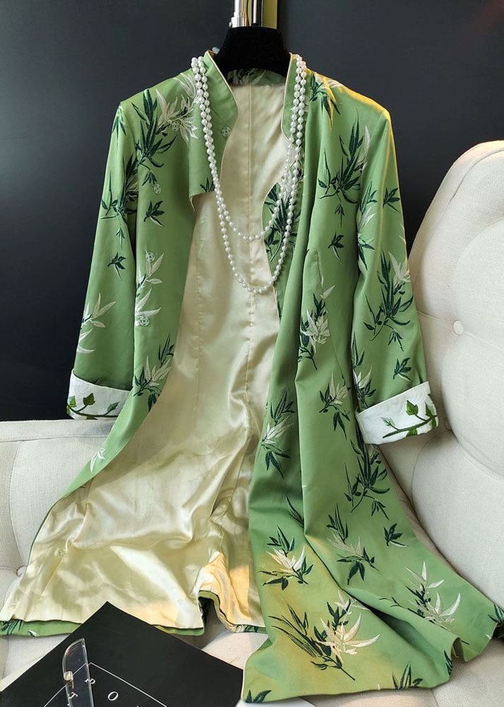Stylish Green Mandarin Collar Embroidery Slim Fit Silk Dress Spring