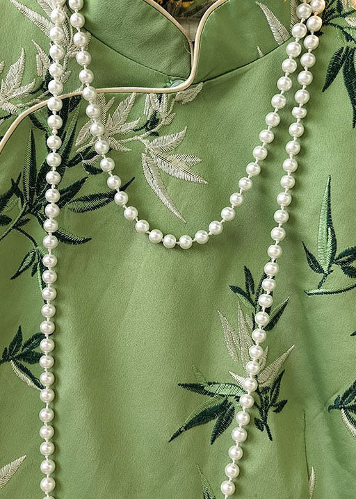 Stylish Green Mandarin Collar Embroidery Slim Fit Silk Dress Spring