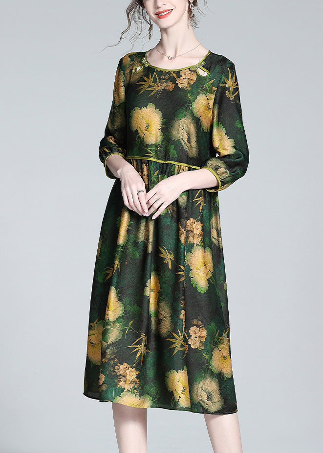 Stylish Green O-Neck Print Wrinkled Silk Long Dresses Spring