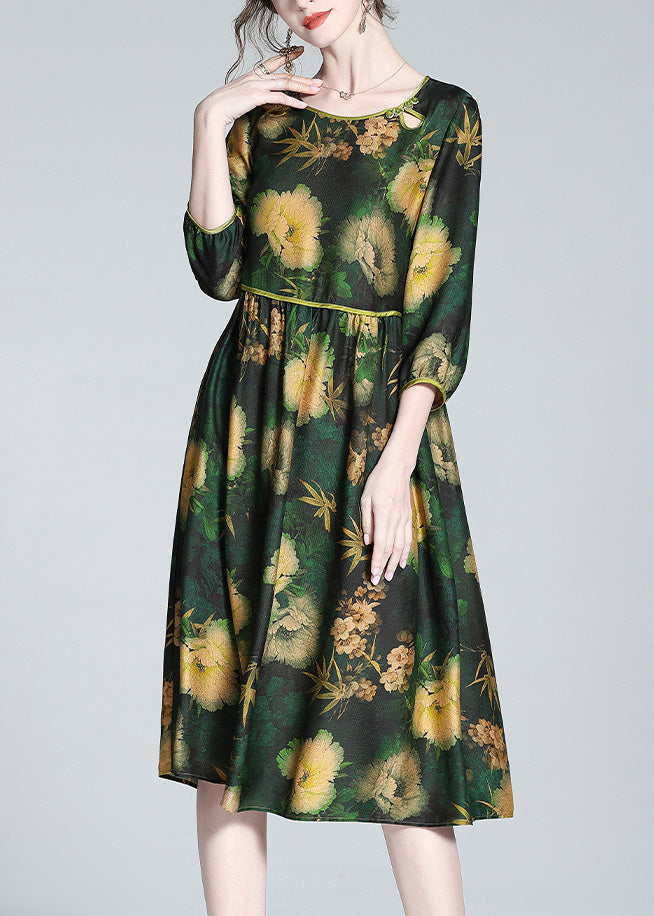 Stylish Green O-Neck Print Wrinkled Silk Long Dresses Spring