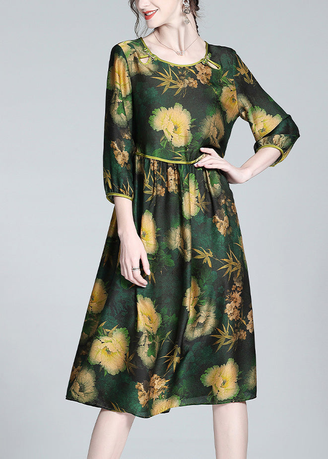 Stylish Green O-Neck Print Wrinkled Silk Long Dresses Spring