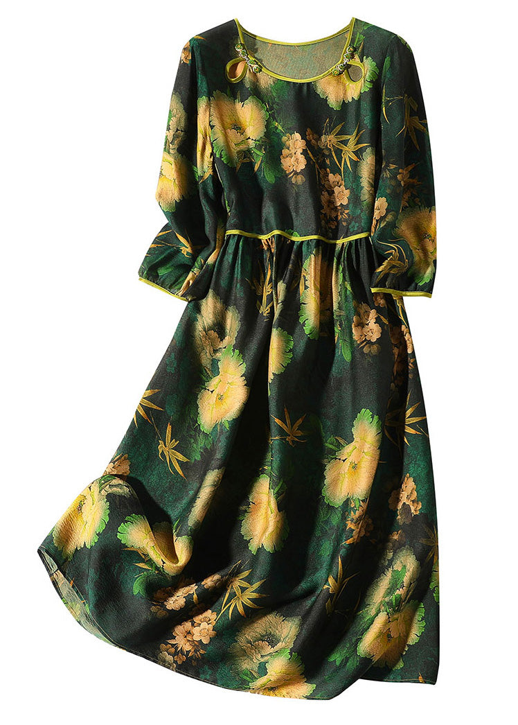 Stylish Green O-Neck Print Wrinkled Silk Long Dresses Spring