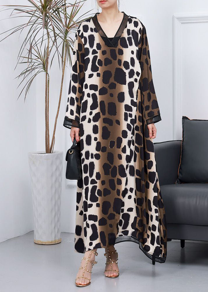 Stylish Leopard V Neck Patchwork Silk Asymmetrical Dress Spring