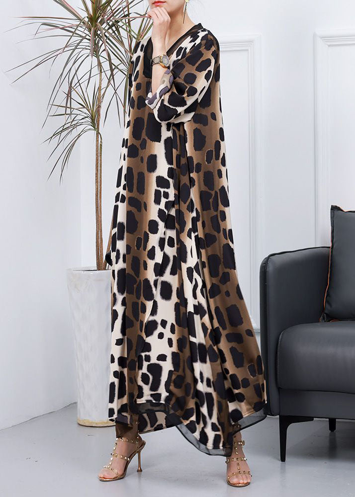 Stylish Leopard V Neck Patchwork Silk Asymmetrical Dress Spring