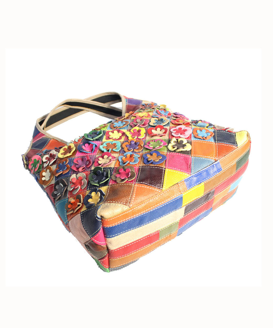 Stylish Multi Color Plaid Floral Patchwork Zippered Calf Leather Satchel Handbag