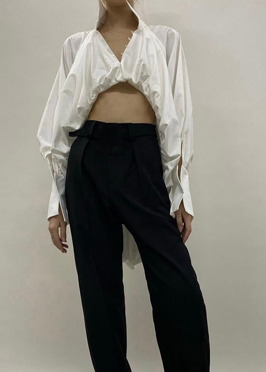 White Crinkled Texture Lantern Sleeve Button Down Loose Shirt main image 1