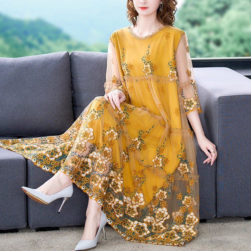Elegant Embroidery Floral Natural Silk Dress