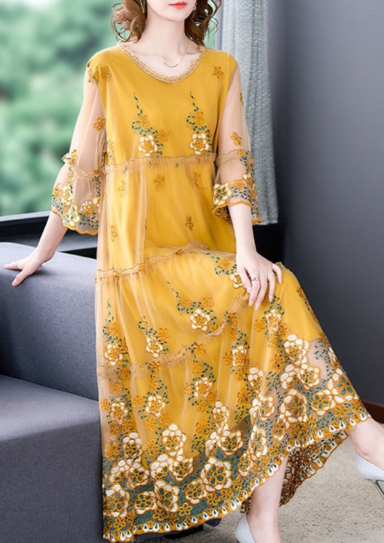 Elegant Embroidery Floral Natural Silk Dress