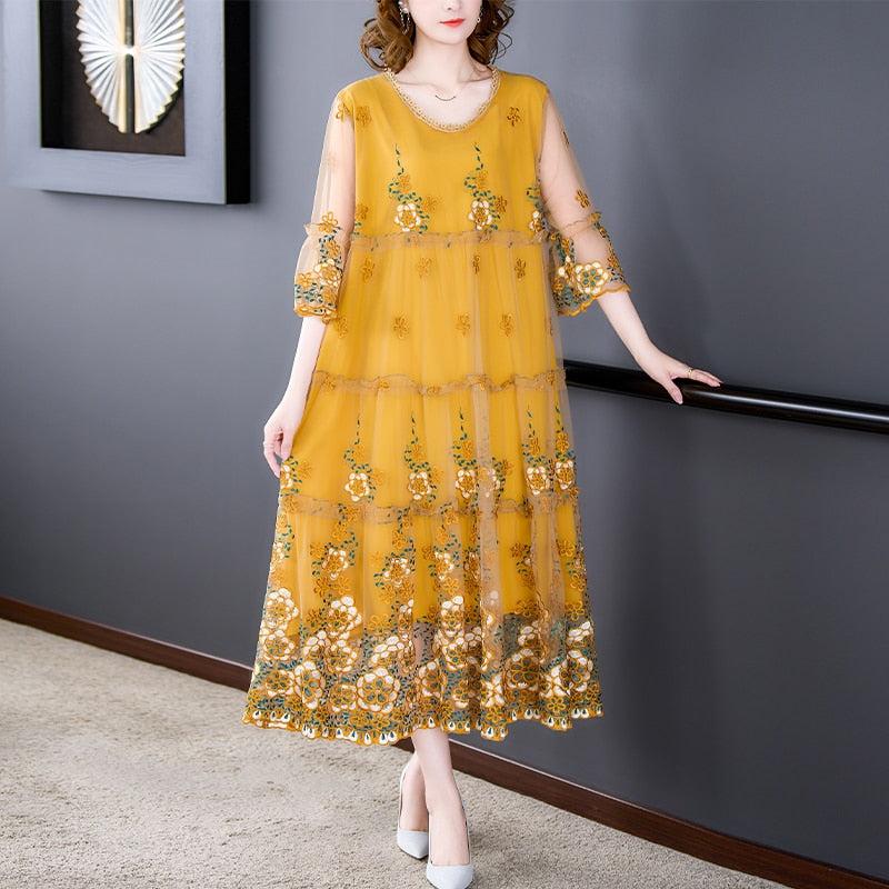 Elegant Embroidery Floral Natural Silk Dress