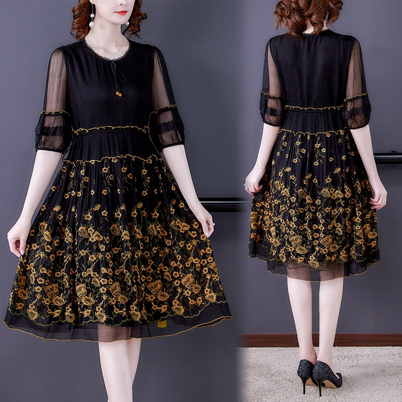 Elegant Bodycon Embroidery Floral Silk Dress