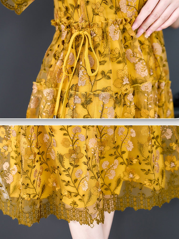 Summer Loose Floral Silk Hollow Out Midi Dress