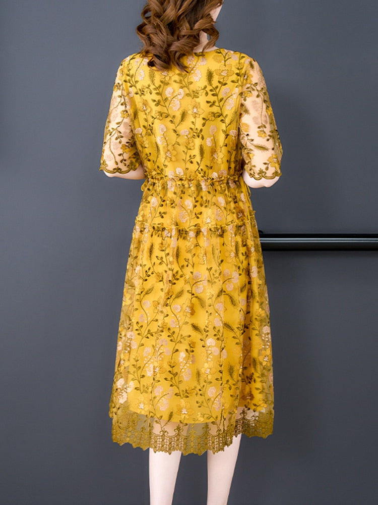 Summer Loose Floral Silk Hollow Out Midi Dress