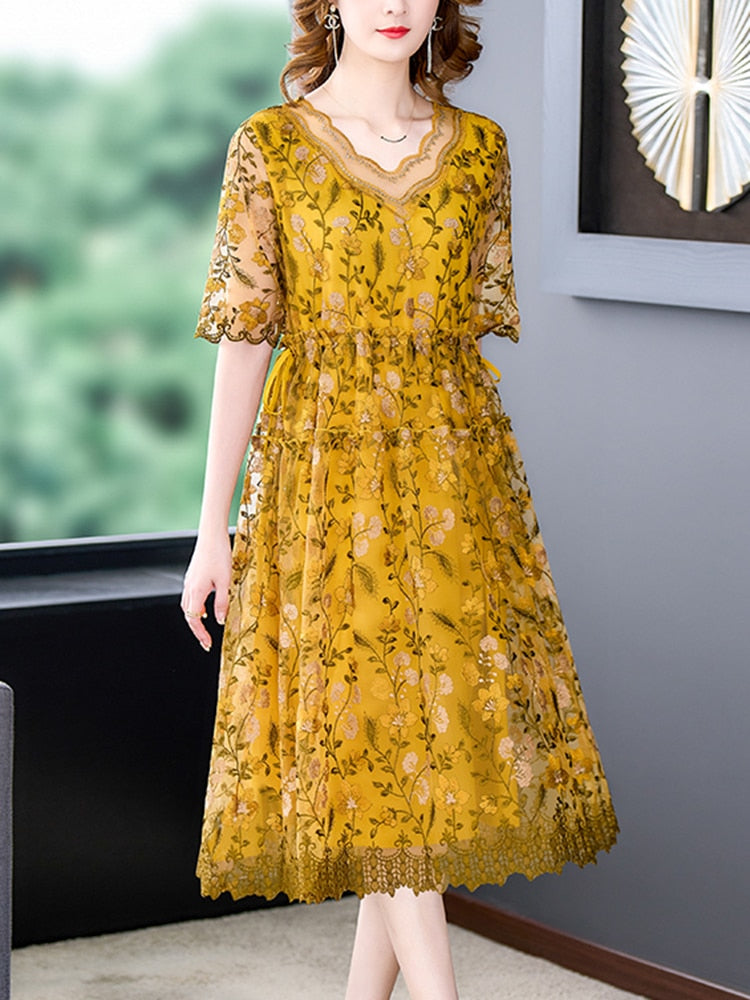 Summer Loose Floral Silk Hollow Out Midi Dress