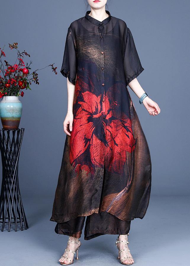 Summer Large Red Print Vintage Coat + Wide Leg Pants Two Piece Set - Omychic