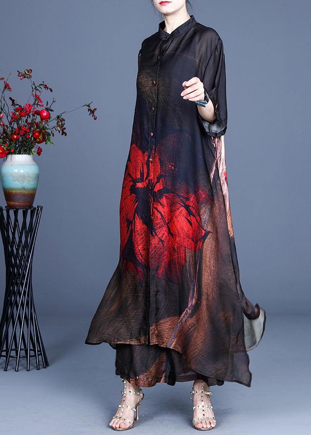 Summer Large Red Print Vintage Coat + Wide Leg Pants Two Piece Set - Omychic