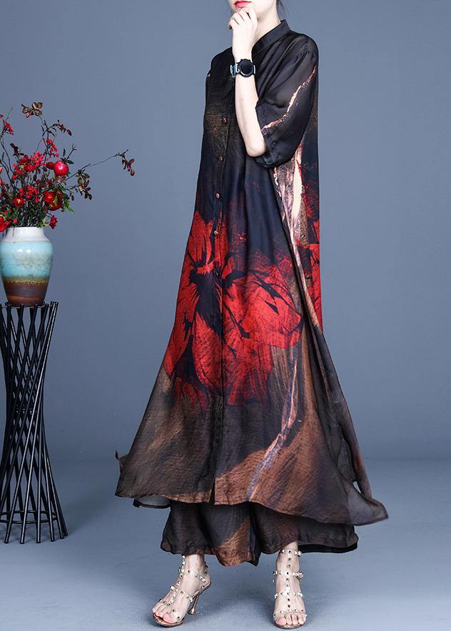 Summer Large Red Print Vintage Coat + Wide Leg Pants Two Piece Set - Omychic