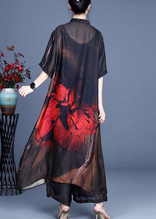 Summer Large Red Print Vintage Coat + Wide Leg Pants Two Piece Set - Omychic