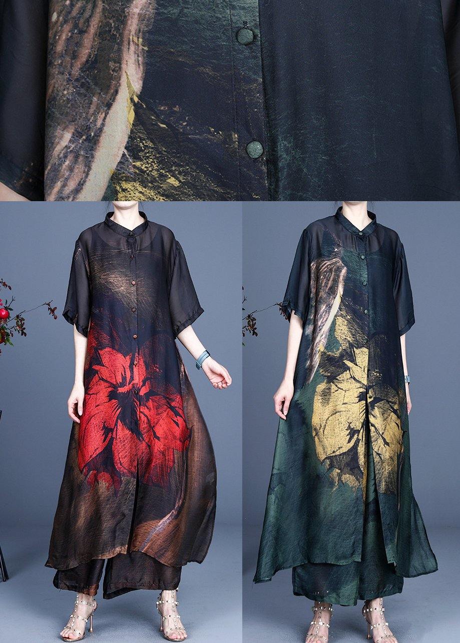 Summer Large Red Print Vintage Coat + Wide Leg Pants Two Piece Set - Omychic