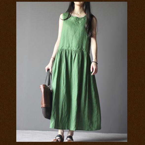 Tea Green Retro Linen Sundress Plus Size Summer Maxi Dresses New Design ( Limited Stock) - Omychic