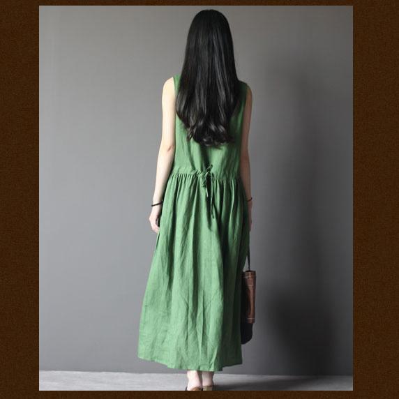 Tea Green Retro Linen Sundress Plus Size Summer Maxi Dresses New Design ( Limited Stock) - Omychic