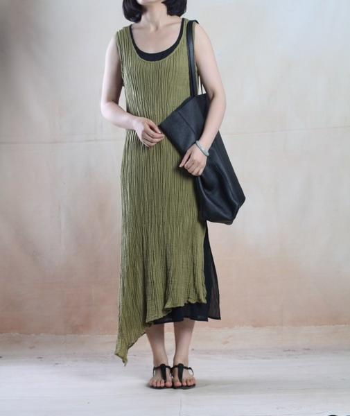Tea green unique linen maxi dress Asymmetric casual linen dress - Omychic