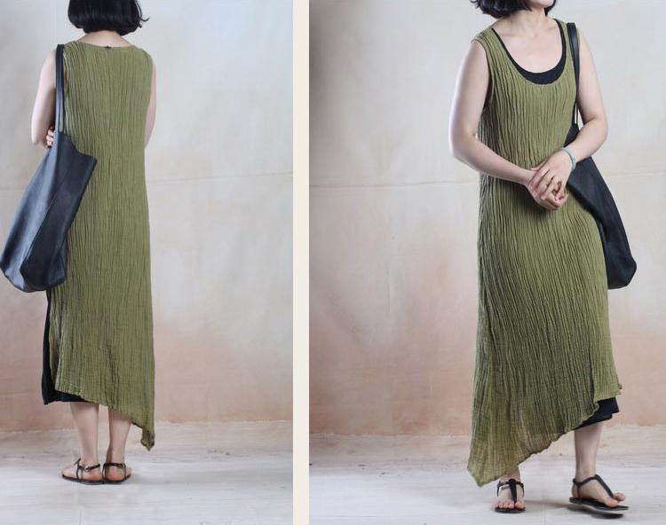 Tea green unique linen maxi dress Asymmetric casual linen dress - Omychic