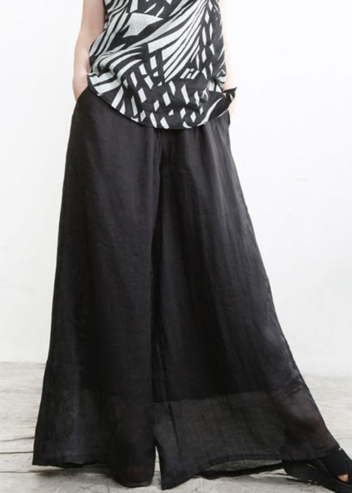 Black Pockets Elastic Waist Thin Linen Wide Leg Pants Spring
