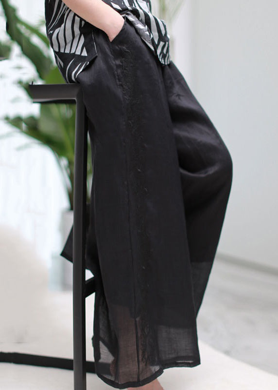 Black Pockets Elastic Waist Thin Linen Wide Leg Pants Spring