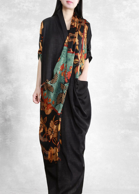 Black Red V Neck Asymmetrical Print wrinkled Pockets Silk Dress Half Sleeve