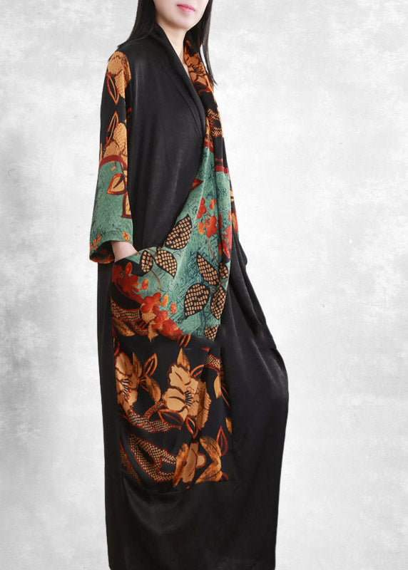 Black Red V Neck Asymmetrical Print wrinkled Pockets Silk Dress Half Sleeve
