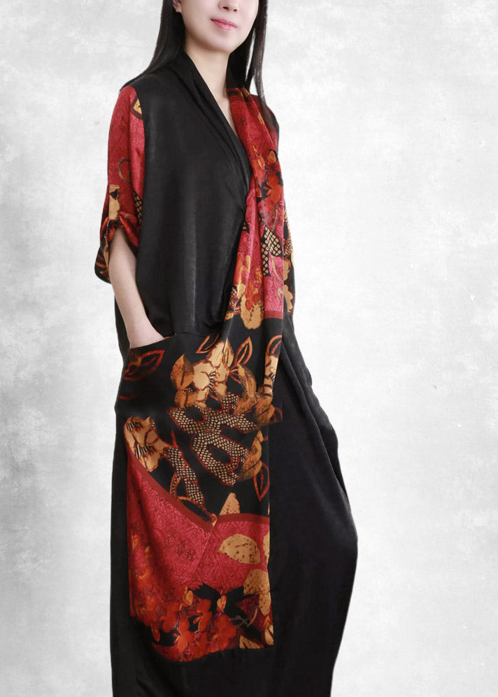 Black Red V Neck Asymmetrical Print wrinkled Pockets Silk Dress Half Sleeve
