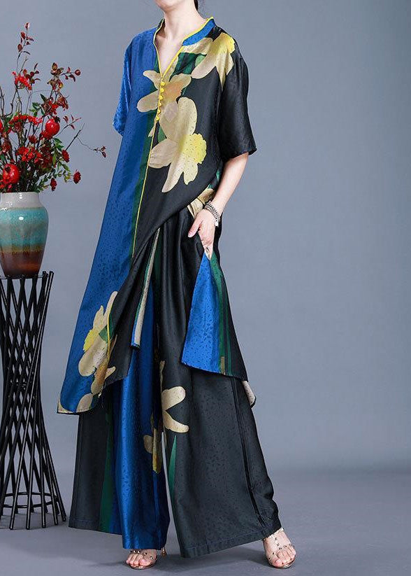 Blue Side Open V Neck Patchwork Chiffon Two Pieces Set Summer