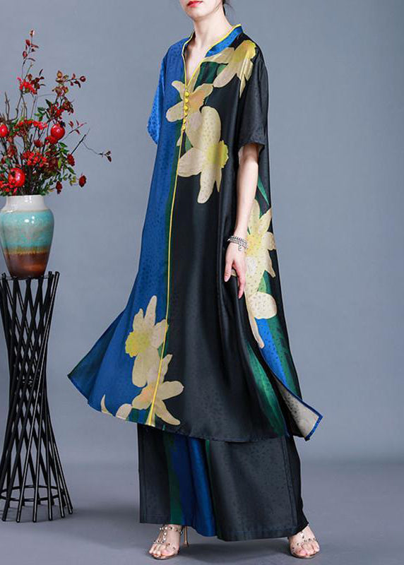 Blue Side Open V Neck Patchwork Chiffon Two Pieces Set Summer