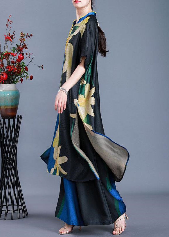 Blue Side Open V Neck Patchwork Chiffon Two Pieces Set Summer