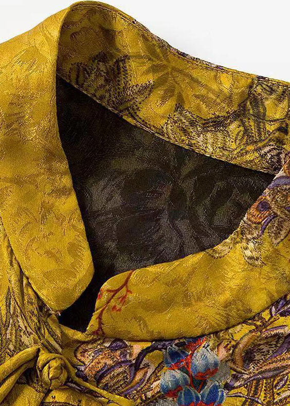Yellow Stand Collar Oriental Button Patchwork Tassel Jacquard Silk Shirt Top Long Sleeve