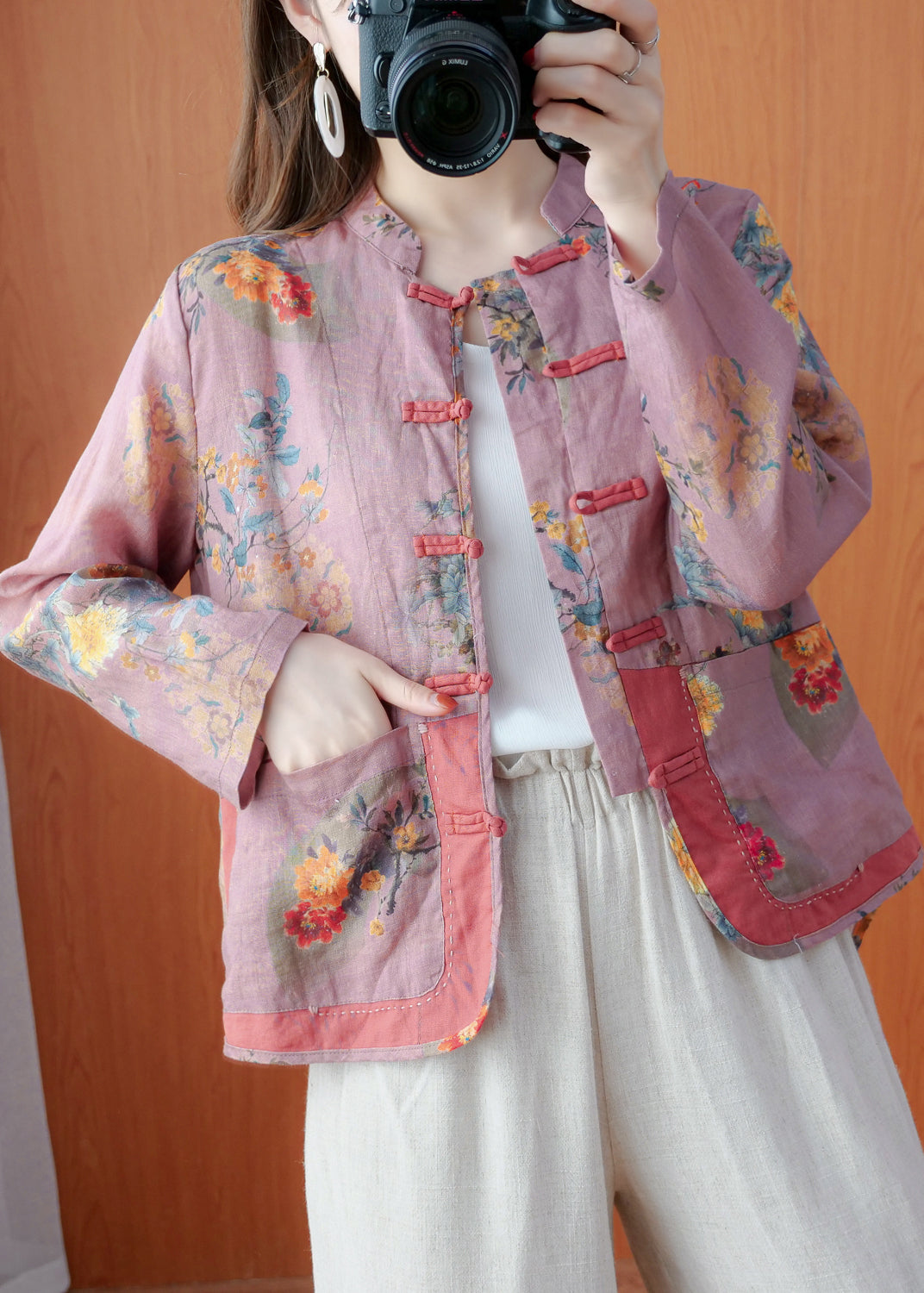 Unique Dark Pink Stand Collar Pockets Print Linen Coat Long Sleeve
