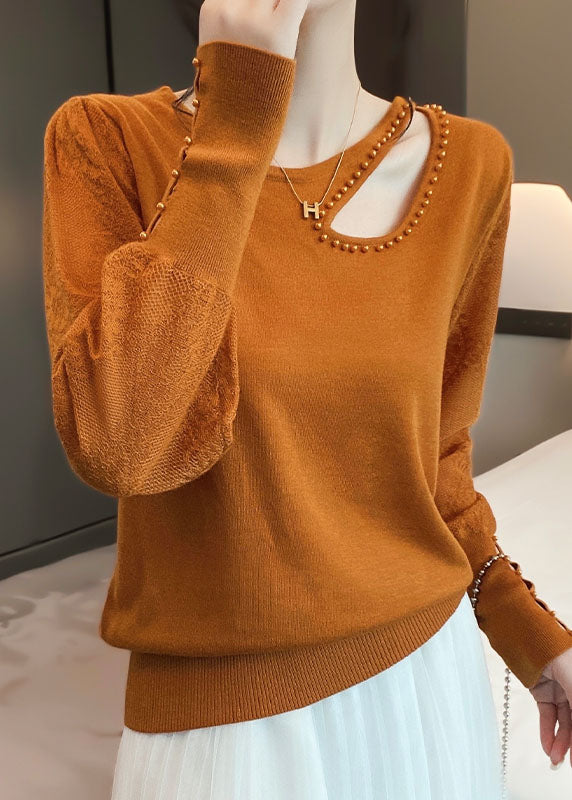 Unique Earth Yellow Hollow Out Nail Bead Wool Knit Top Long Sleeve