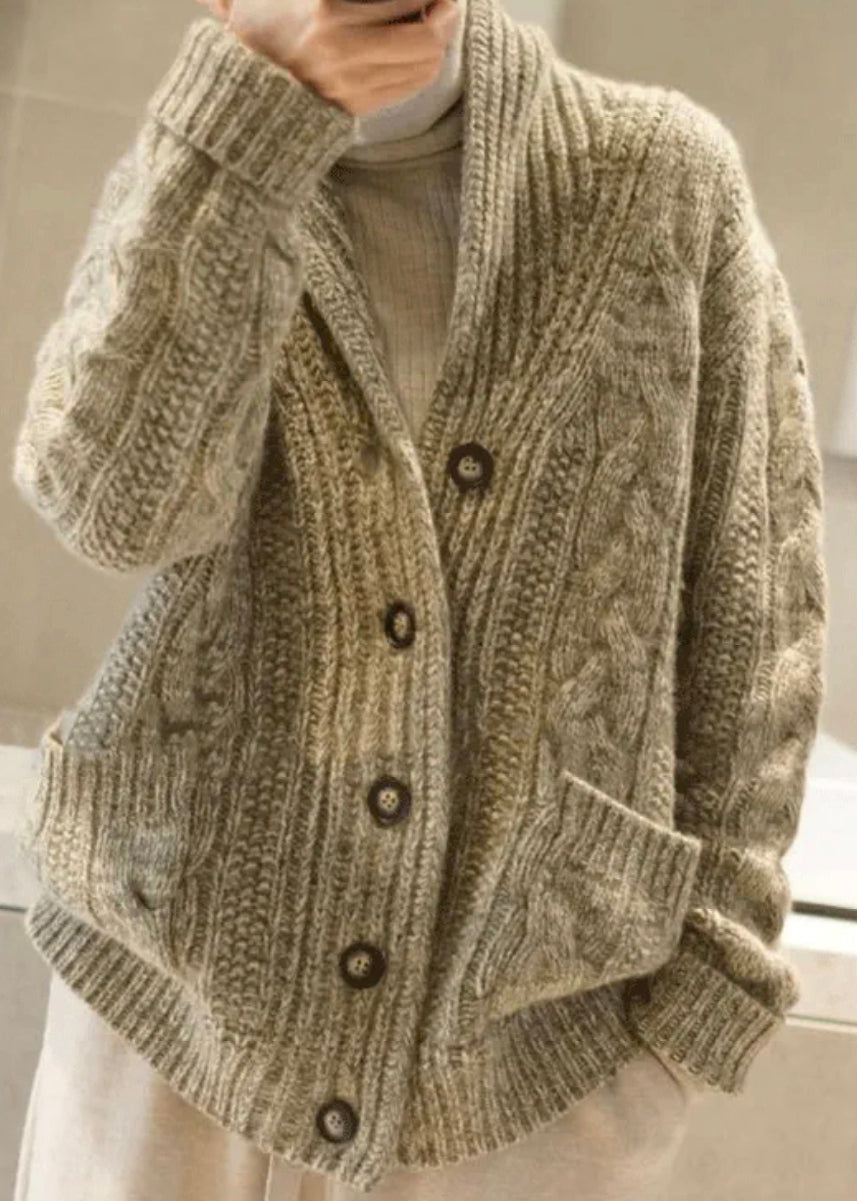 Unique Light Camel Button Pockets Patchwork Wool Knit Coats Fall