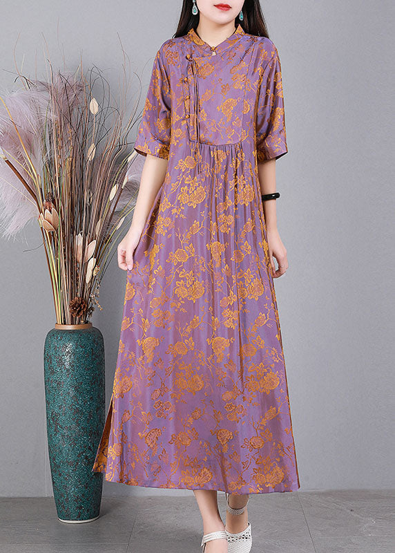 Unique Light Purple Stand Collar Jacquard Side Open Oriental Button Silk Dress Half Sleeve