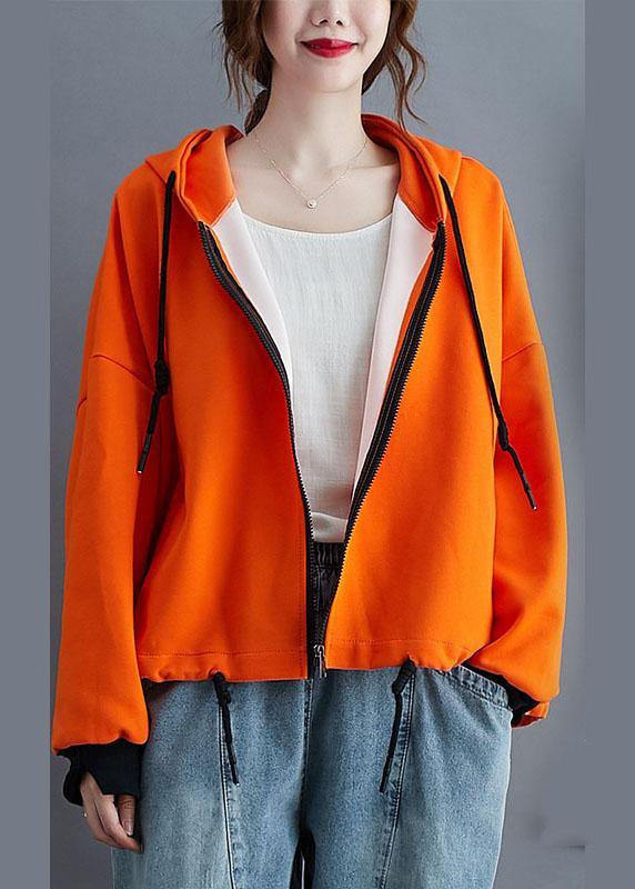 Unique Orange hooded zippered drawstring Fall Jacket Long sleeve - Omychic