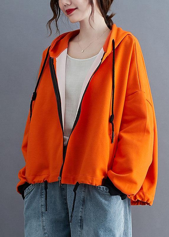 Unique Orange hooded zippered drawstring Fall Jacket Long sleeve - Omychic
