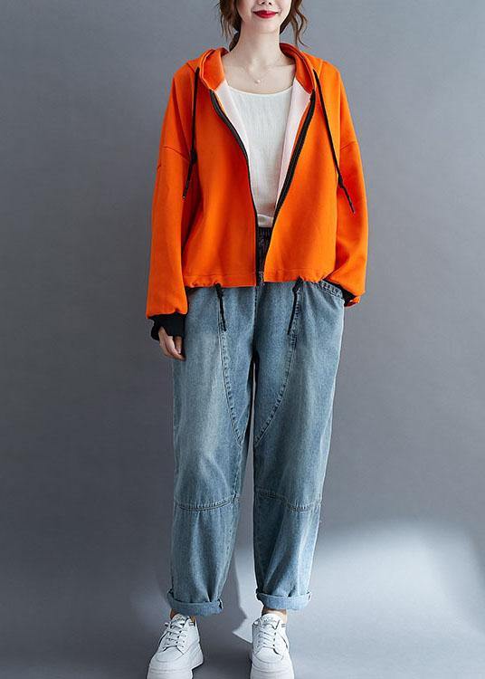 Unique Orange hooded zippered drawstring Fall Jacket Long sleeve - Omychic