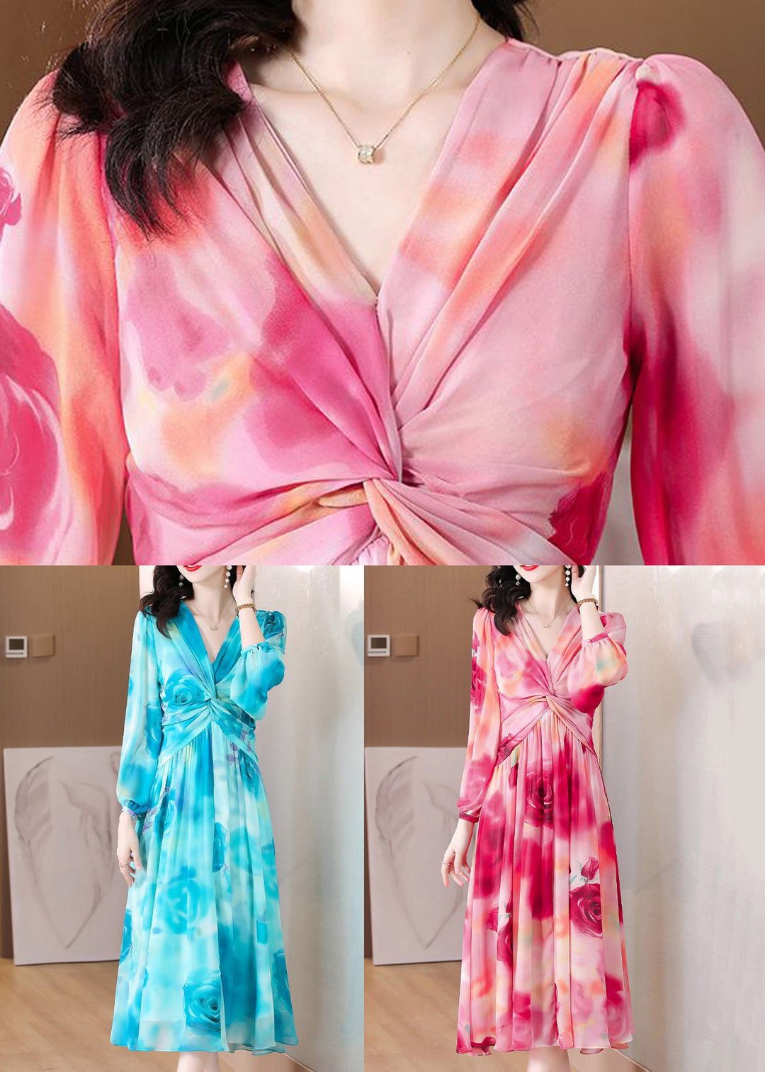 Unique Pink Print High Waist Chiffon Dress Spring