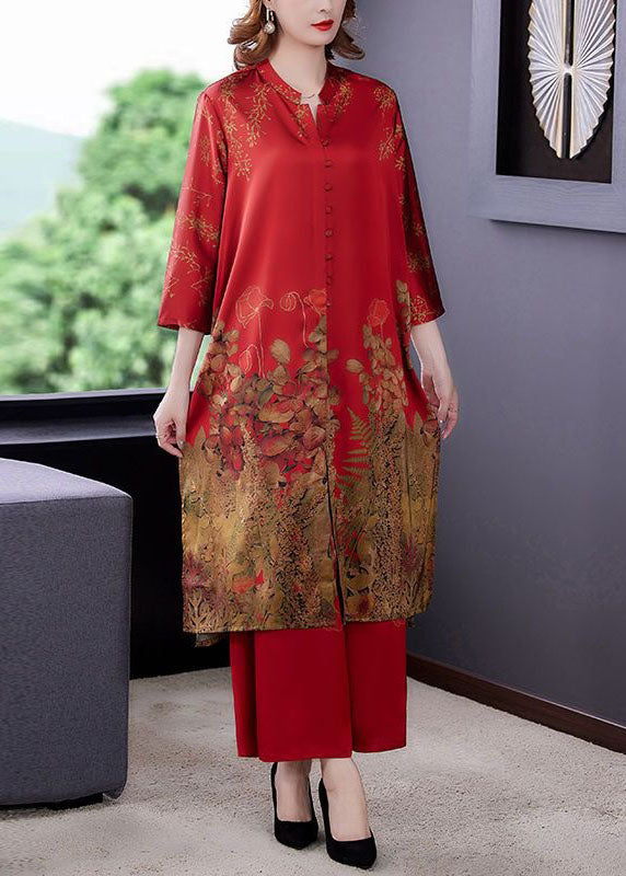 Unique Red Print Button Patchwork Silk Two Pieces Set Spring
