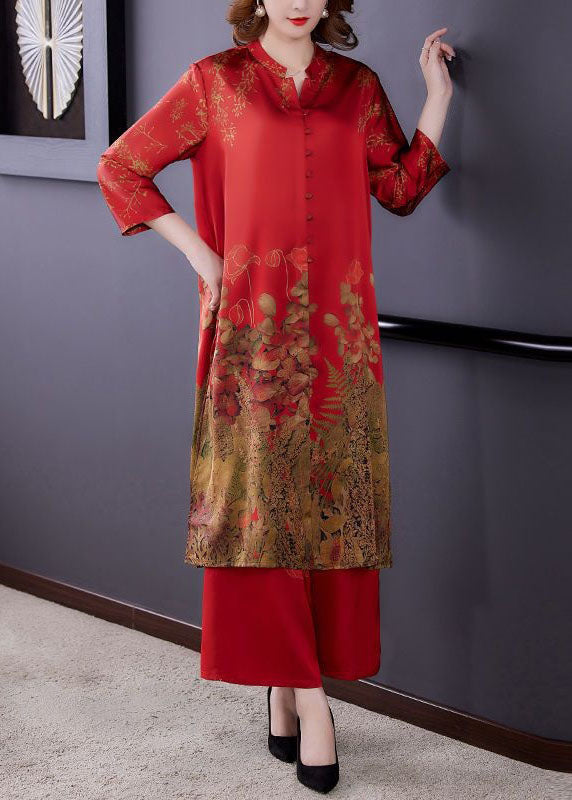 Unique Red Print Button Patchwork Silk Two Pieces Set Spring
