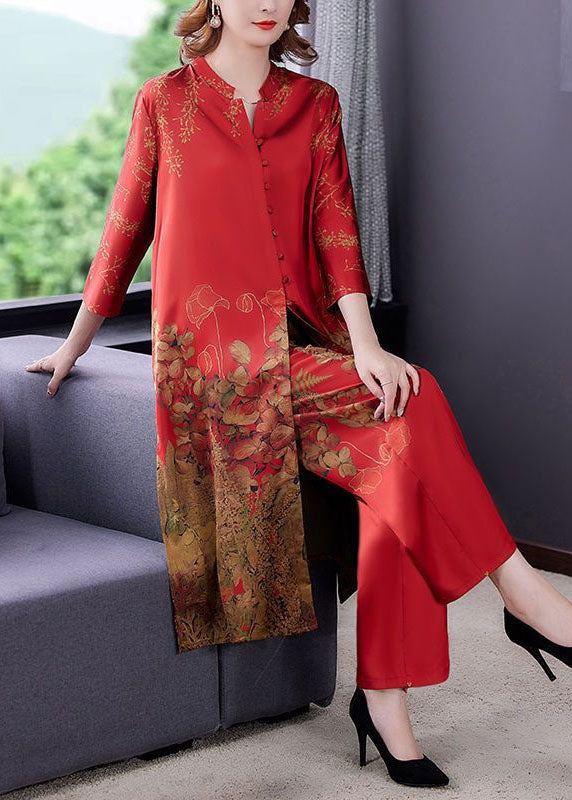 Unique Red Print Button Patchwork Silk Two Pieces Set Spring