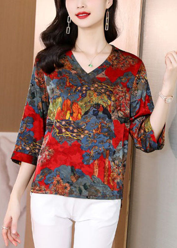 Unique Red V Neck Print Silk Blouse Tops Half Sleeve