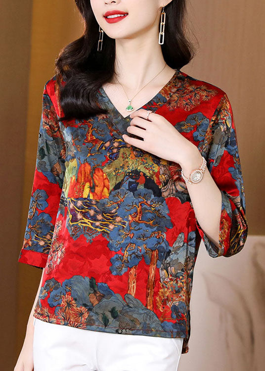 Unique Red V Neck Print Silk Blouse Tops Half Sleeve