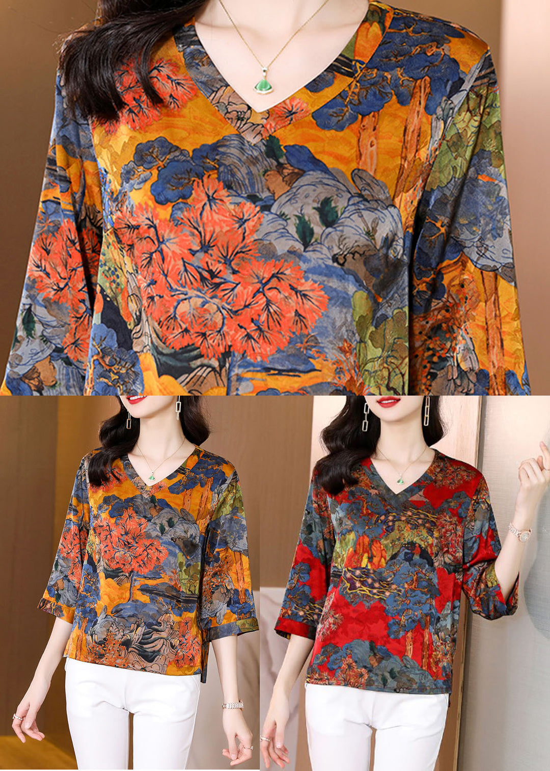 Unique Red V Neck Print Silk Blouse Tops Half Sleeve