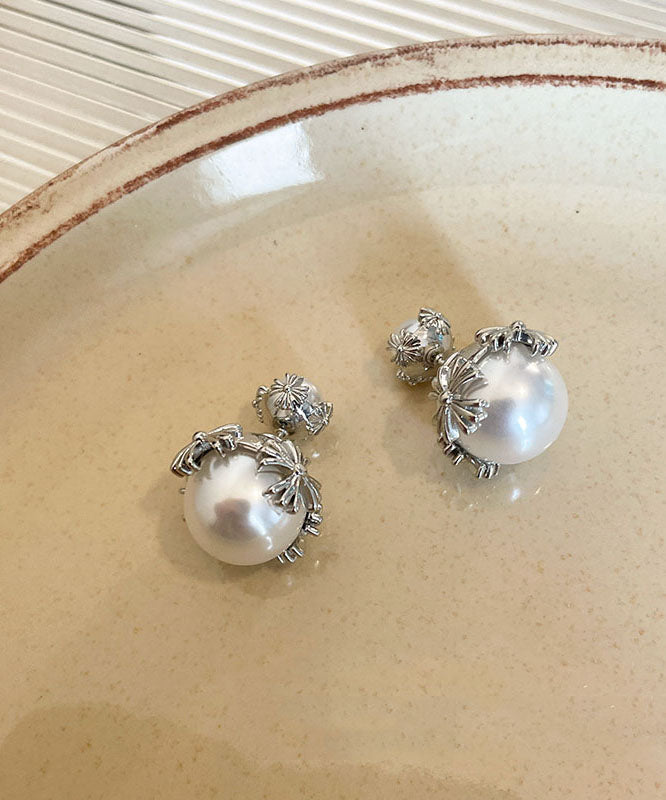 Unique Silk Sterling Silver Copper Inlaid Pearl Stud Earrings